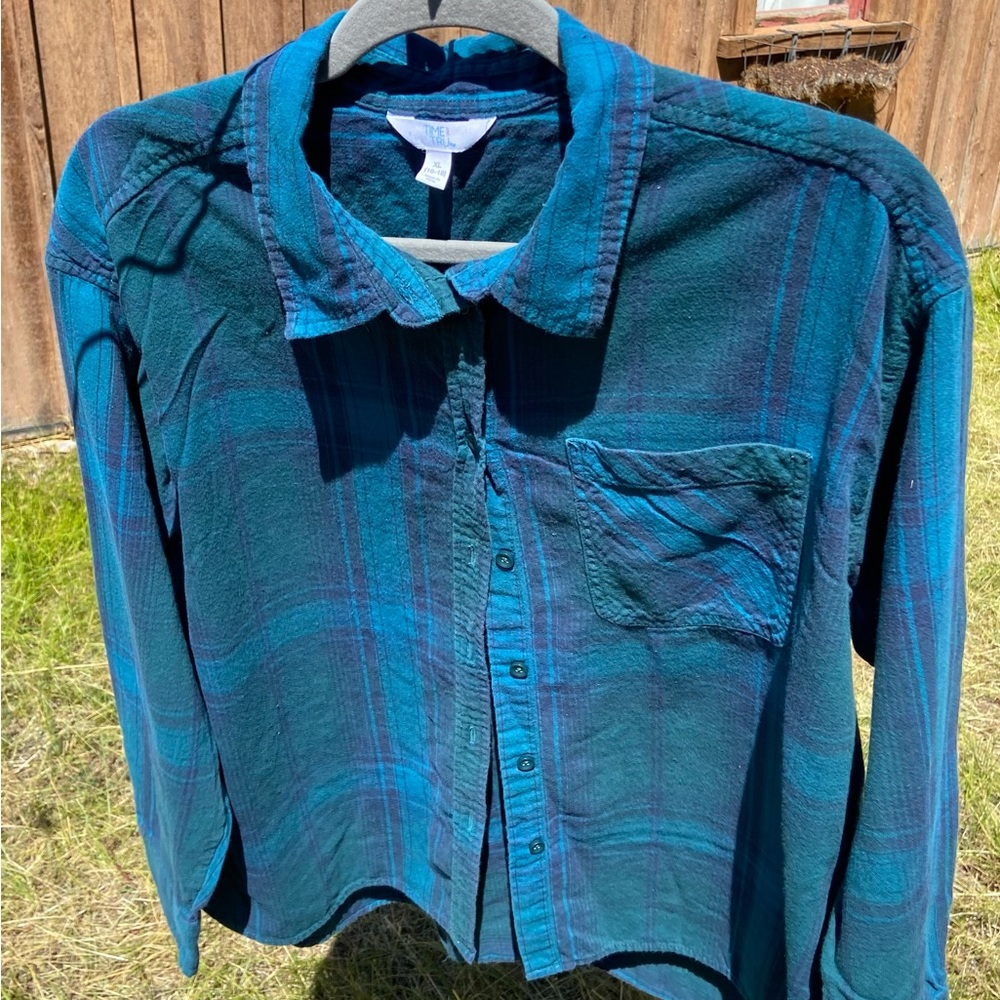 Time and Tru Teal Plaid Boyfriend Shirt